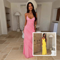 Fashion Off-The-Shoulder Spaghetti-strap V-Neck Long Dress Women's Summer Cascading Ruffles Sexy Backless Sleeveless Slit Slit Long Dress