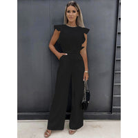 Ruffled Jumpsuit With Belt Summer Fashion Pockets  Sleeveless Overall Pants Straight Onesie Trousers